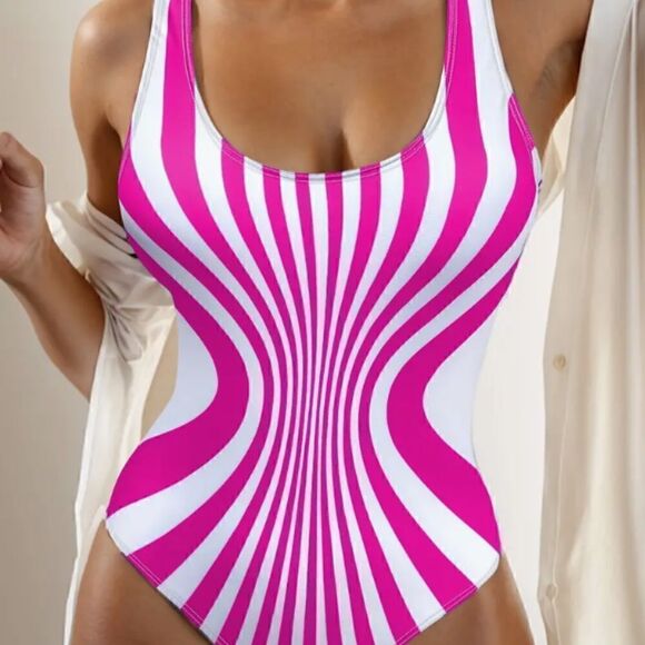 NEW! Optical Illusion Swirled Vertical Stripe Hot Pink One Piece Swim Suit Hot - Picture 1 of 6